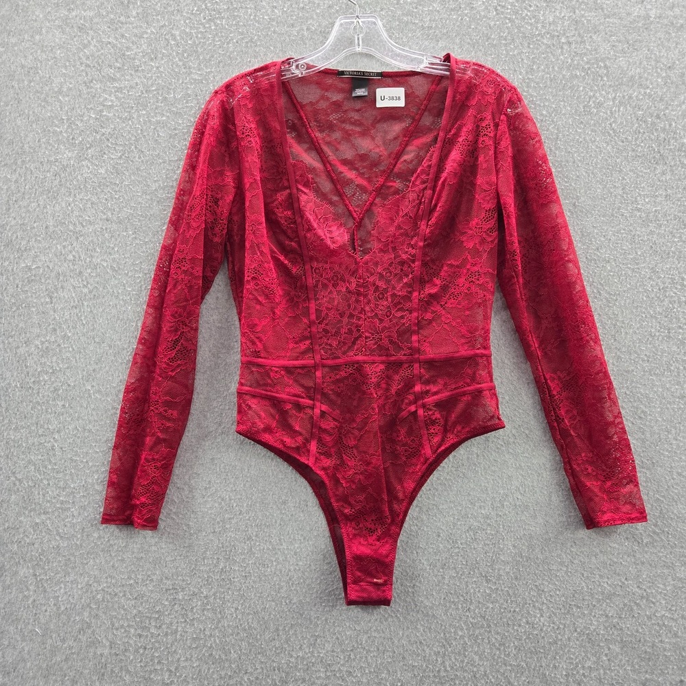 Victorias Secret Women Bodysuit Medium Red Floral Lace Sheer Teddy‎ Long Sleeve